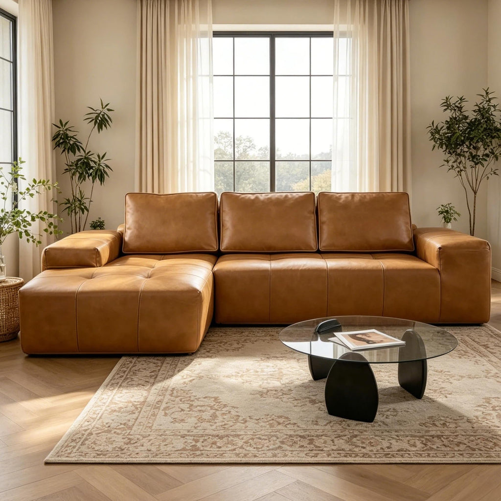 114" Brown Left Facing Sectional Couch with Chaise,Faux Leather Sectional Couch No Assembly Required,Boneless L Shaped Couch for Living Room