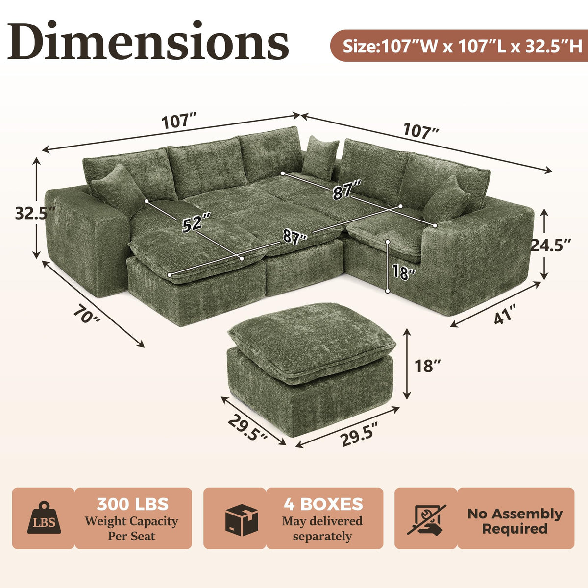 107'' Modular Sectional Sleeper Sofa, 5 Seater Corner Couch, Modern L Shaped Sectional Couch with Ottoman, Boneless Cloud Couches for Living Room (Green, L Shaped Sofa (5+2))