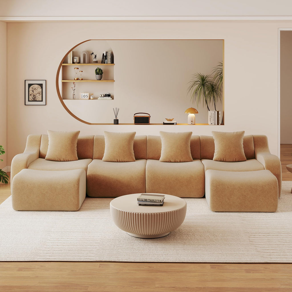 115.3" Modular Sectional Couches for Living Room, Teddy Deep Seat Sofa, 3 Seater Boneless Couch with 2 Ottoman,Orange