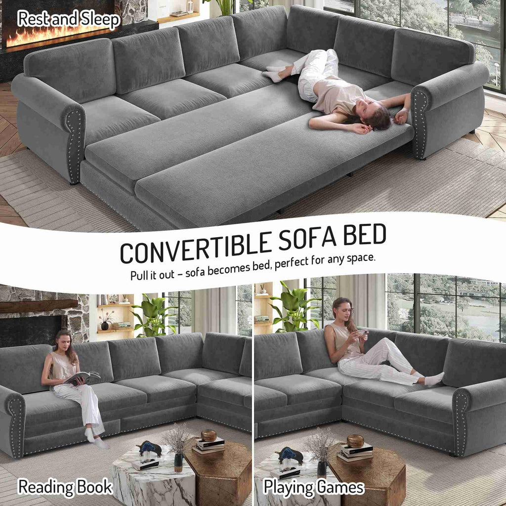 118'' Pull Out Couch, Convertible Sleeper Sofa Bed, Upholstered Sectional Sofa, Chenille L-Shaped Couch with Nailhead Trim, Modern Sectional Couches for Apartment, Living Room, Light Grey