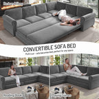 118'' Pull Out Couch, Convertible Sleeper Sofa Bed, Upholstered Sectional Sofa, Chenille L-Shaped Couch with Nailhead Trim, Modern Sectional Couches for Apartment, Living Room, Light Grey