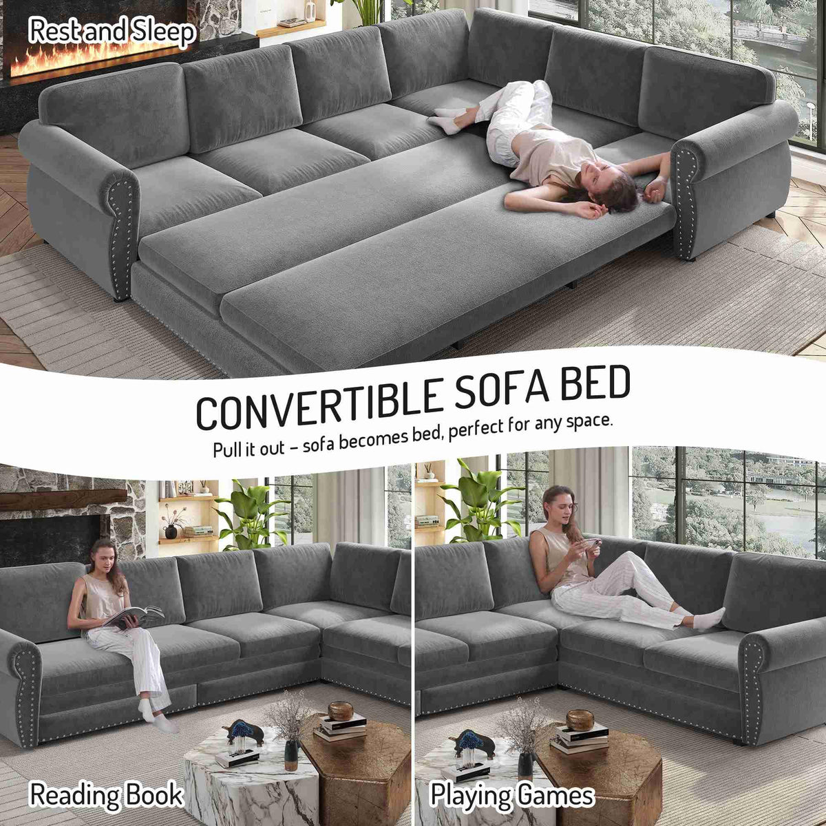 118'' Pull Out Couch, Convertible Sleeper Sofa Bed, Upholstered Sectional Sofa, Chenille L-Shaped Couch with Nailhead Trim, Modern Sectional Couches for Apartment, Living Room, Light Grey