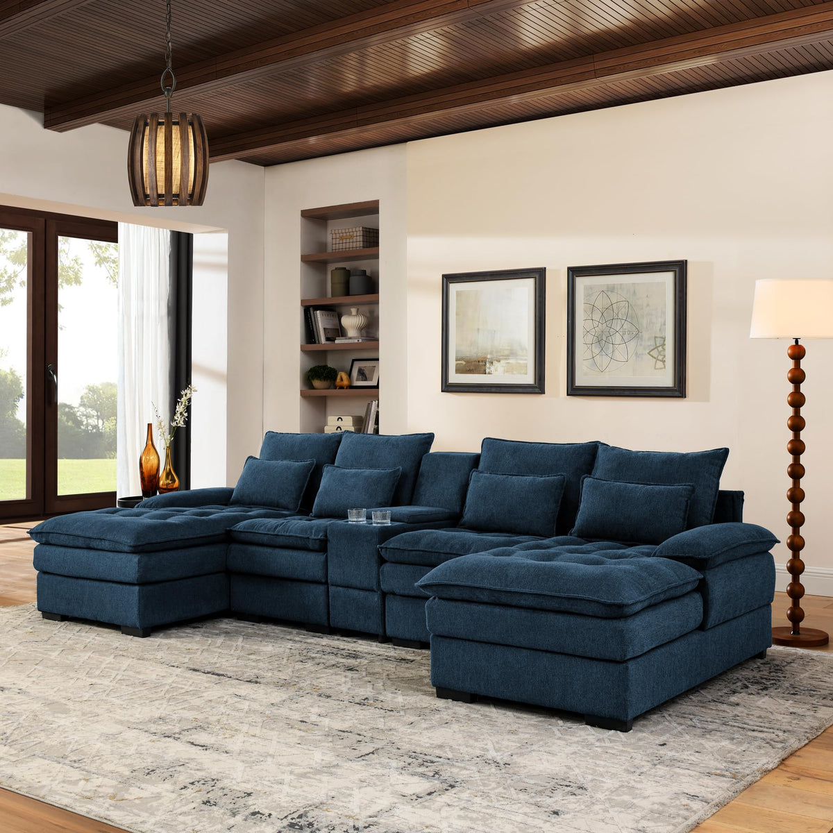 130" U Shaped Sofa with Console,Cupholders,6 seat Upholstered Primary Living Space Furniture,Sleeper Couch Set with Chaise for Living Room,Apartment, (Blue)