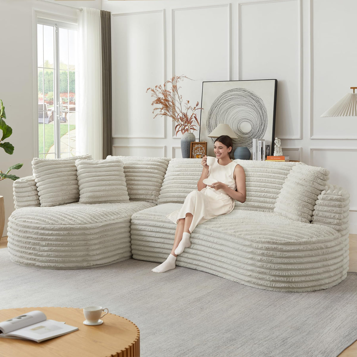 121 inch Boneless Cloud Modular Sectional Couch, Wide Curved L Shaped Sofa with Chaise | Corduroy Fabric | Compressed Foam Sofa for Living Room | No Assembly Black