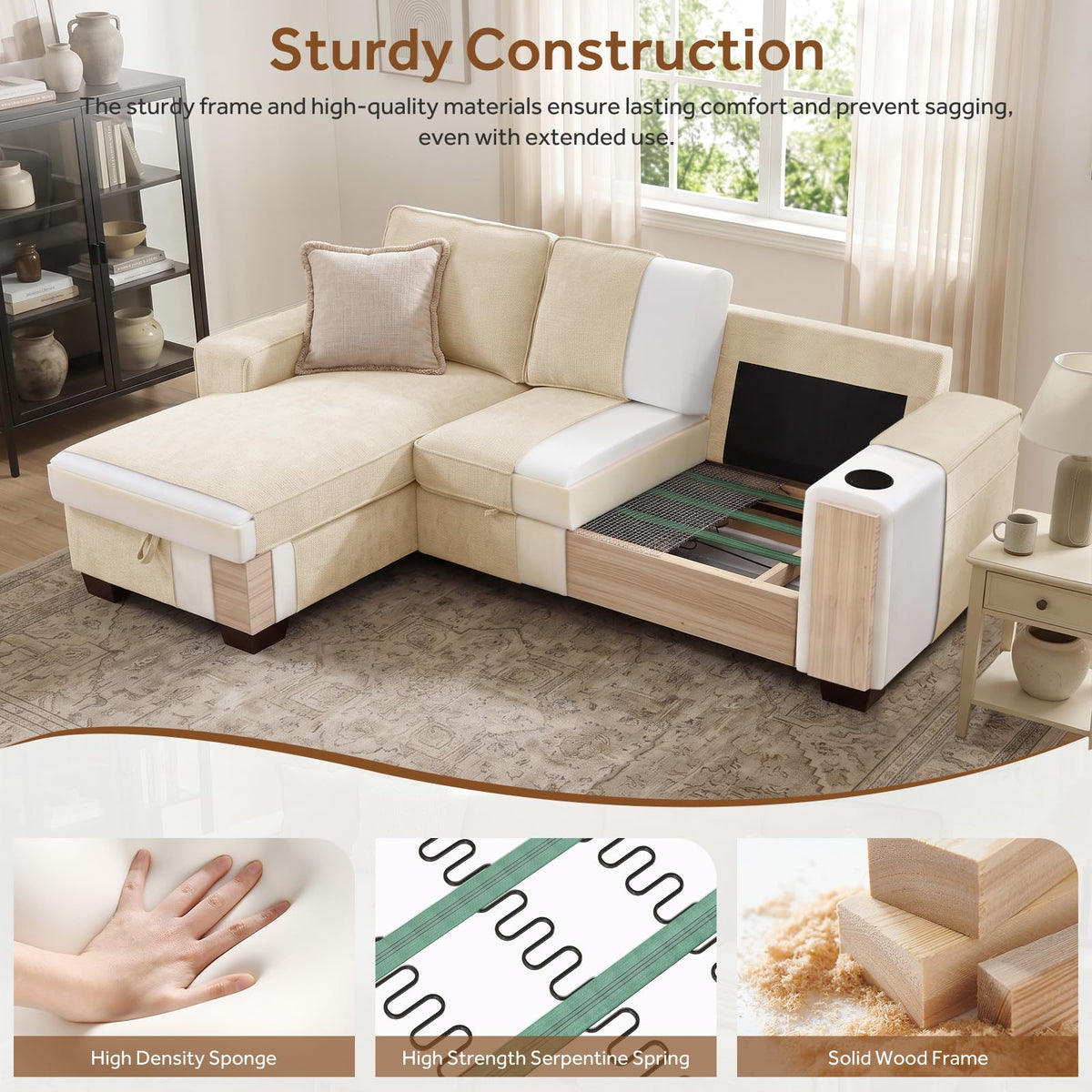 100" L-Shaped Sectional Sleeper Sofa Bed with Storage Chaise, Beige