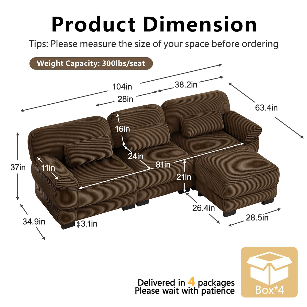 104'' Modular Sectional Couches, Cloud L Shaped Sofa for Living Room, Brown
