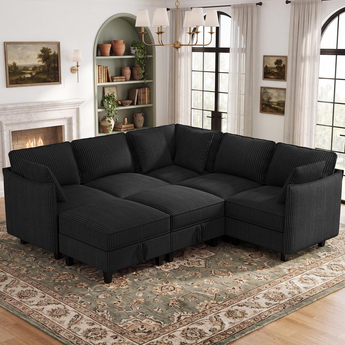 WorthFurni 84.8" Modular Sectional Sofa, 6 Seater Corner Sofa Modern V-Shaped Couch with 1 Storage Ottoman, Comfortable Corduroy Sofa with Throw Pillows for Living Room, Apartment, Green
