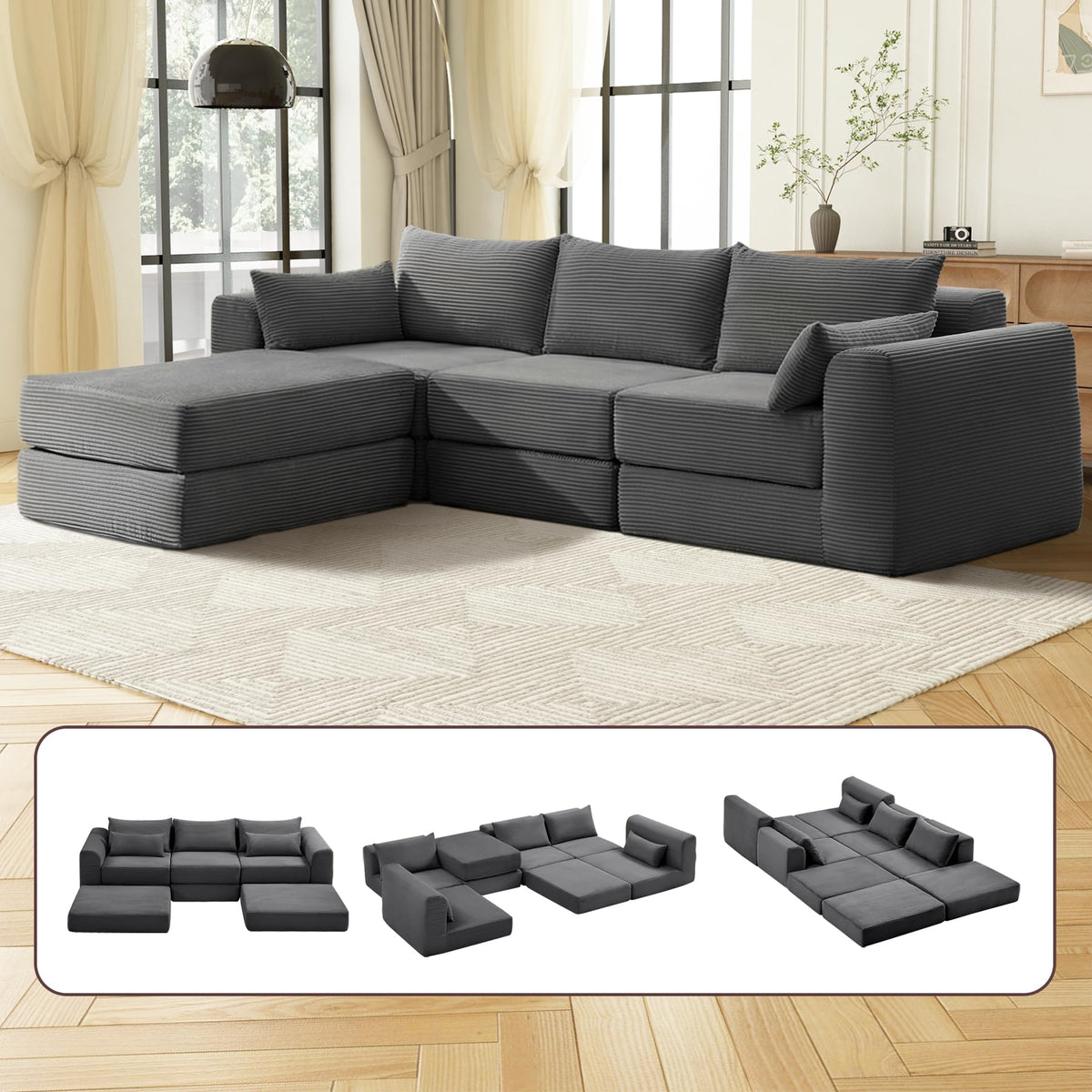 130 Inch Modular Cloud Sectional Sofa, 6 Seater Freely Combined Convertible Sofa with Ottoman, No Installation Compressed Floor Sofa, Soft Memory Foam Cushion for Living Room Apartment, Black