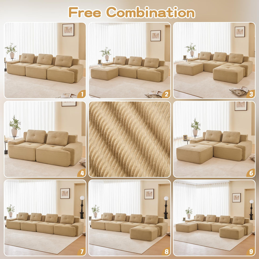 115.3” Camel Boneless Couches for Living Room, Modular Sectional Sofa with L-Shape Chaise, 3 Seater Comfy Upholstered Deep Seat Corduroy Fabric Cloud Couch No Assembly, Anti-Slip Design