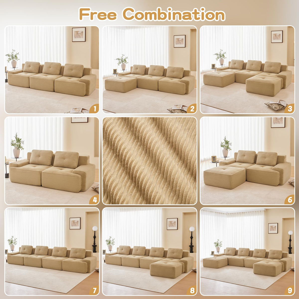 115.3” Camel Boneless Couches for Living Room, Modular Sectional Sofa with L-Shape Chaise, 3 Seater Comfy Upholstered Deep Seat Corduroy Fabric Cloud Couch No Assembly, Anti-Slip Design