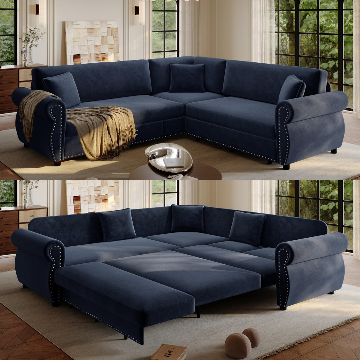 118" Sleeper Sofa Bed, Sectional Couches for Living Room/Apartment, Chenille L Shaped Couch with Pull Out Couch Bed, Convertible Sectional Sofa with Rolled Arm & Nailhead Trim, Green