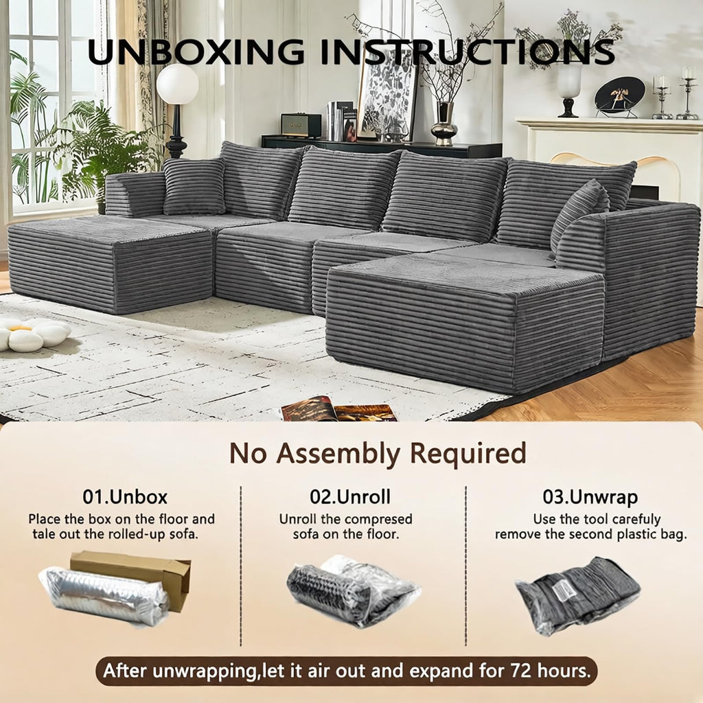 U Shaped Modular Sectional Couches for Living Room, 130" Cloud Modular Sectional Sofa Chaise, Fluffy Corduroy Couch with Deep Seat for Bedroom, No Assembly Required,Black
