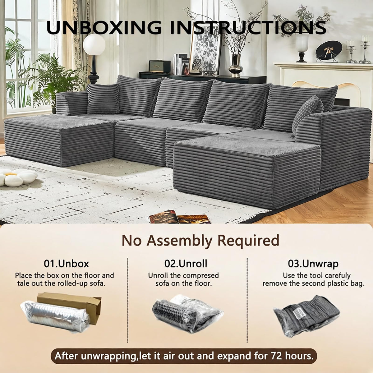 U Shaped Modular Sectional Couches for Living Room, 130" Cloud Modular Sectional Sofa Chaise, Fluffy Corduroy Couch with Deep Seat for Bedroom, No Assembly Required,Black