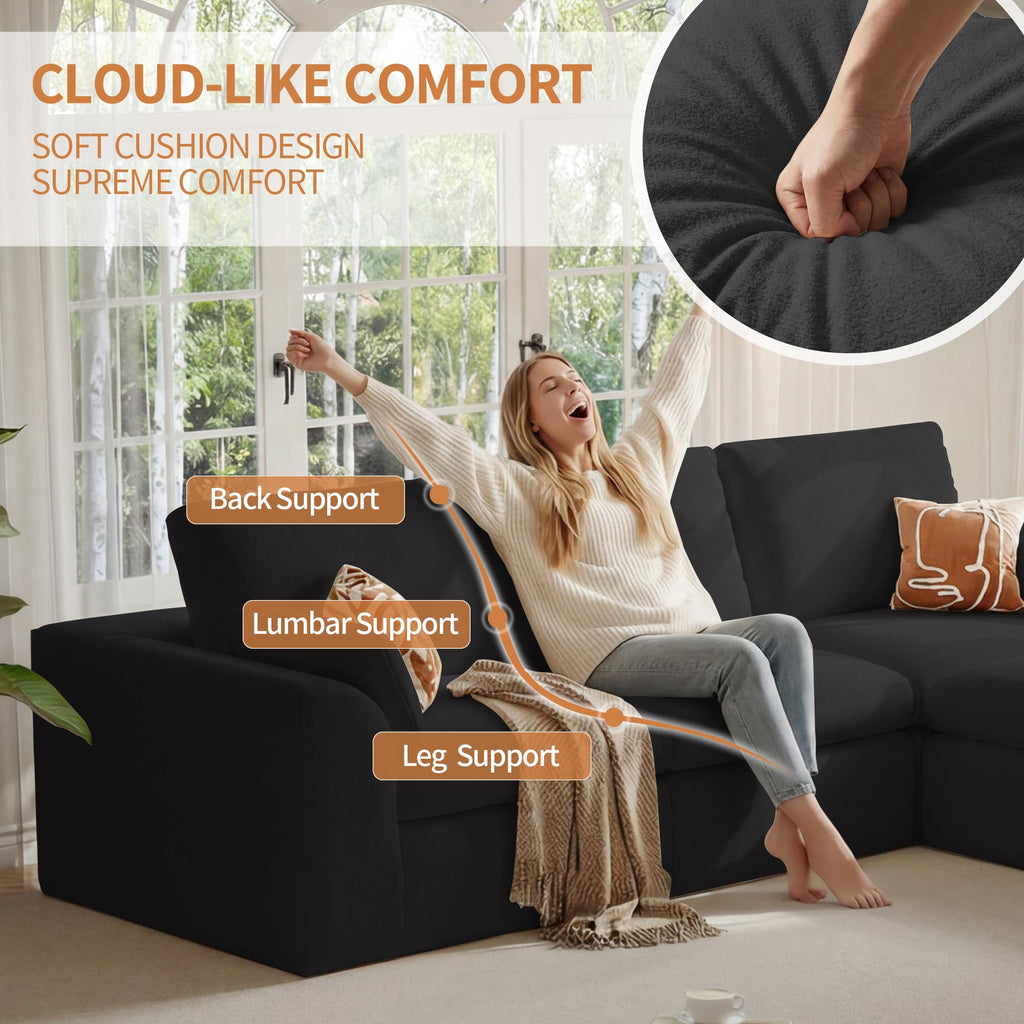 108" Cloud Couch Sectional, Ultra Soft Modular Sofa for Living Room, Comfy Deep Seat L Shaped Couch with Ottoman, No Assembly Required, Compressed Memory Foam Cloud-Like Sofa, Black