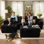 106" Cloud Sectional Couch with L-Shape Chaise & Ottoman, No Assembly Modular Sofa, Deep Seat Plush Corduroy Boneless Couched for Living Room (Black Plush Corduroy, L Shape with Ottoman-Left Facing)