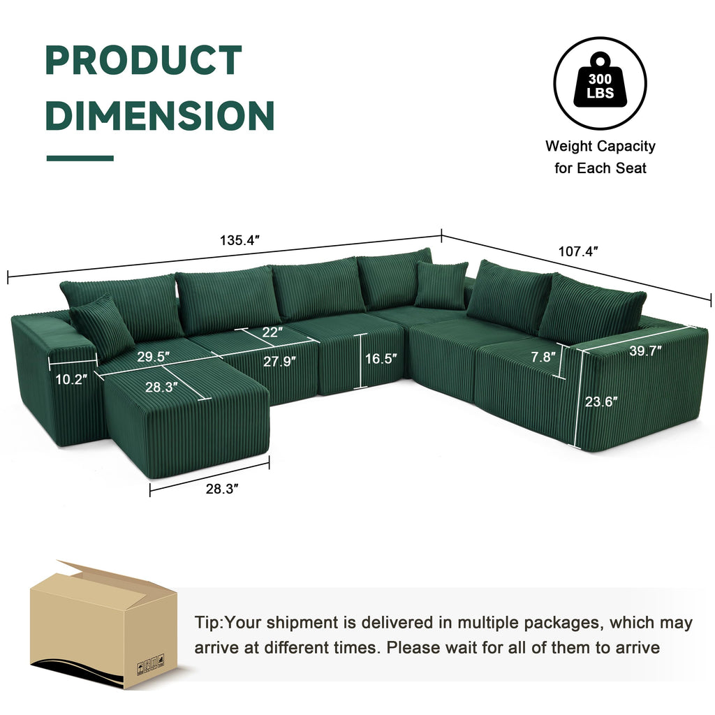 U-Shaped Boneless Couch, Cloud Couch Sectional, Modular Sofa with Deep Seat, Convertible Sectional Couches for Living Room, Plush Corduroy U Shaped Boneless Couch (Green, 6 Seater & 1 Ottoman)