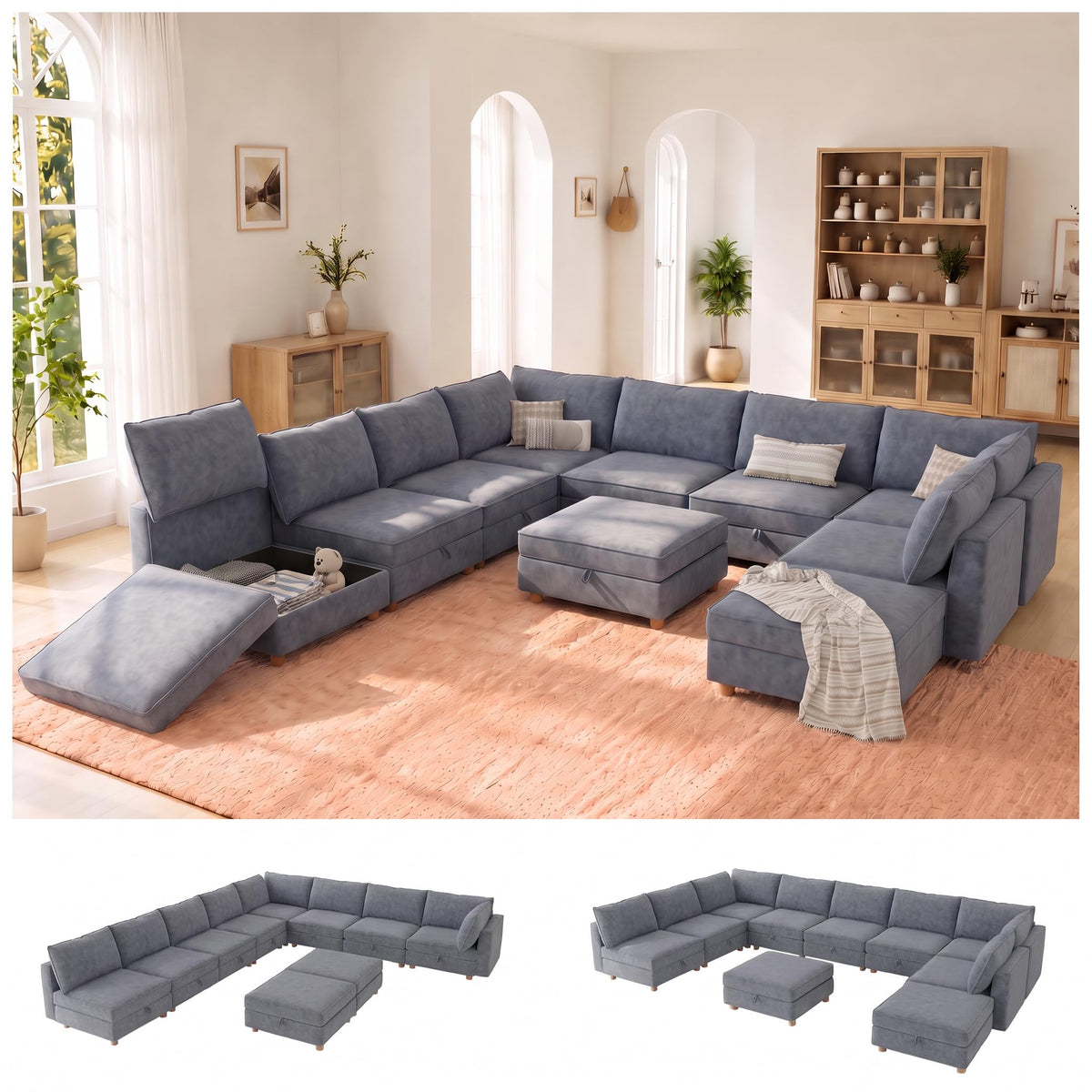 128'' Modular Sectional Sofa,8 Seat Chenille Sectional Sofa with Washable Covers,FSC Certified Modern Sectional Sofa with Storage & Ottoman,Convertible U/L Shaped Couch,Beige Couches for Living Room