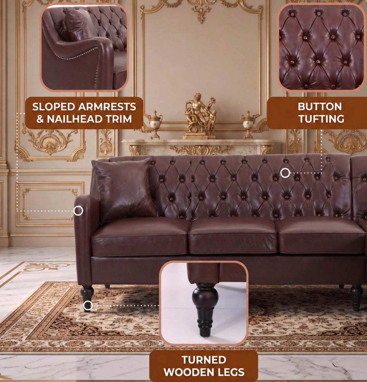103" Chesterfield Sectional Sofa,Faux Leather Upholstered Couch,Mid-Century Style Oversized 7-Seat Button Tufted Corner Couch with Nailhead Trim,Modern L Shaped Couches for Living Room,Brown