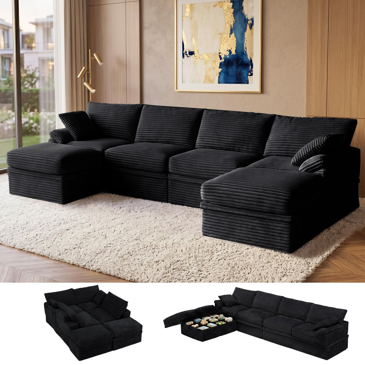 107'' Modular Sectional Sofa with Storage, L-Shaped Boneless Couch