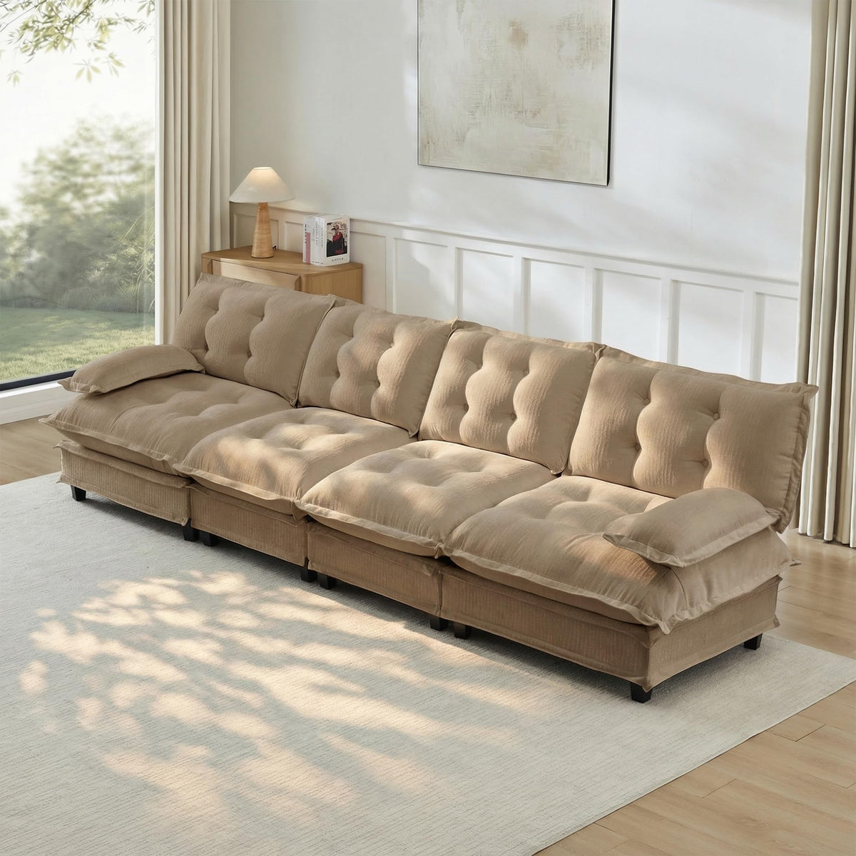 U Shaped Modular Sectional Sofa - 108" Chenille Cloud Deep Seat Couch with Ottoman, 5-Seat Comfy Lattice Decored Seat Cushion for Living Room, Apartment,Light Coffee