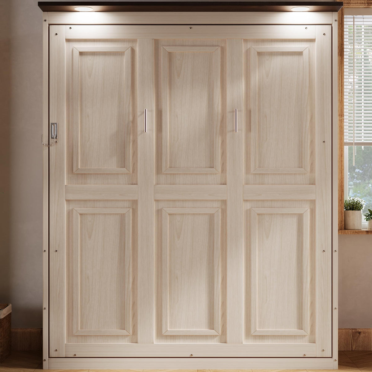 Wood Murphy Bed with Sofa, 4 Storage Shelves and USB Charging Station