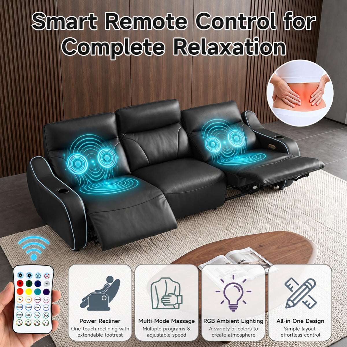 105"Genuine Leather Power Recliner Sofa with Massage, 3-Seater Zero Gravity Reclining Couch with USB Type-C Charging Ports, Cup Holders, LED Lights, Zero Wall Hugger Sofa for Living Room,Black