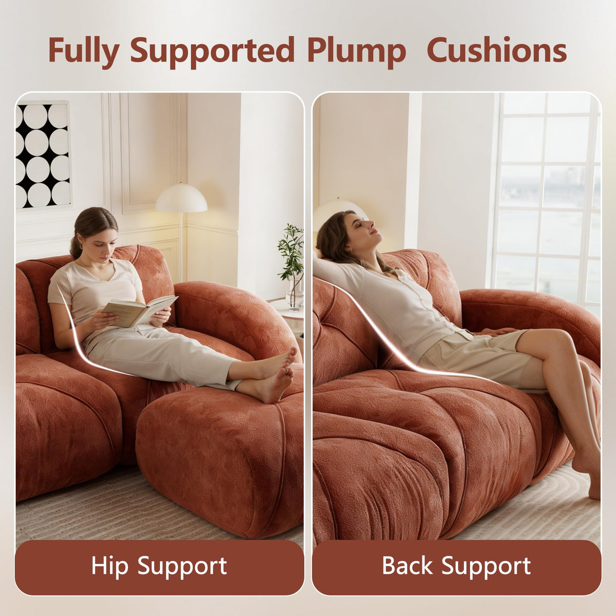 U Shaped Boneless Sofa,Tufted Design,32D High Density Sponge Bottom,Anti Slip Design,No Assembly Required,Free Combination,Movable Ottomans for Living Rooms,Home Theater,Red Brown