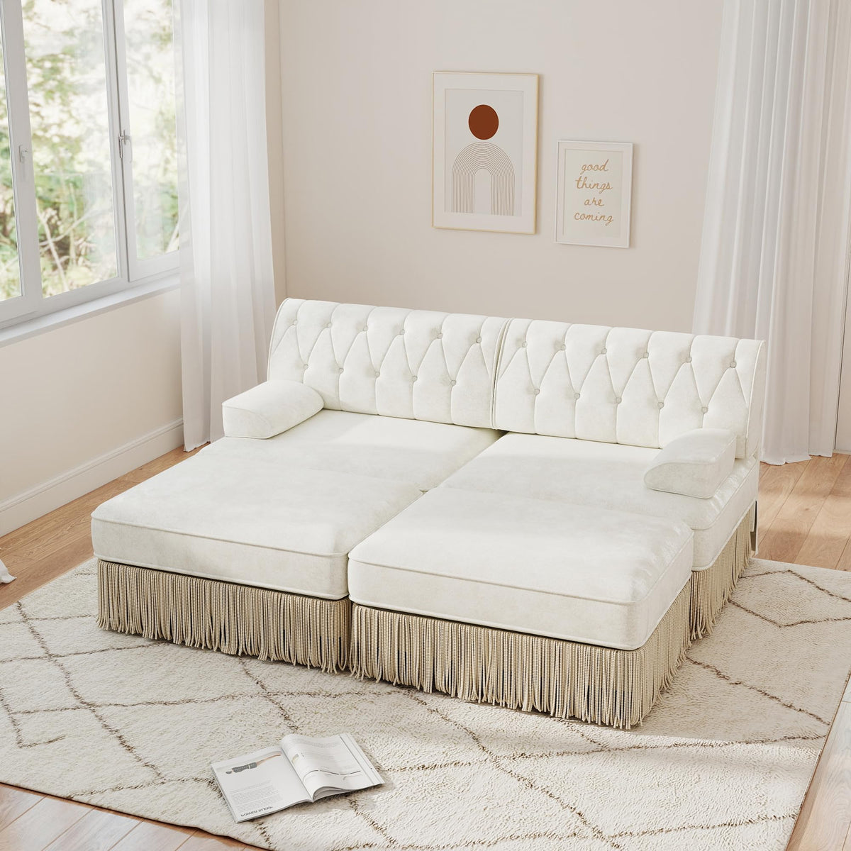 Unique Chesterfield Style Modular Sectional Sofa, 135.6” L-shaped Boneless Sofa with Velvet Fabric, Floor-grazing Tassel Fringe Skirt and Button Tufted Design for Living Room, Easy to Assemble, Beige
