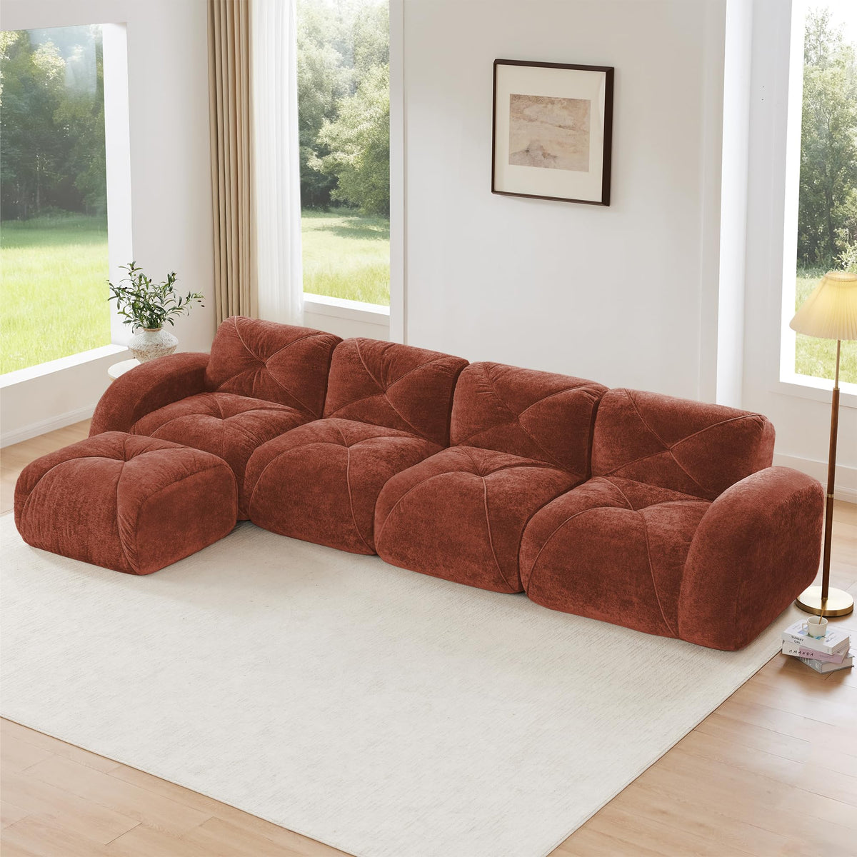 U-Shaped Boneless Sofa, Tufted 32d High Density Sponge Bottom, Anti-Slip Design, No Assembly Required, Free Combination, Movable Ottomans for Living Rooms, Home Theater, Blue