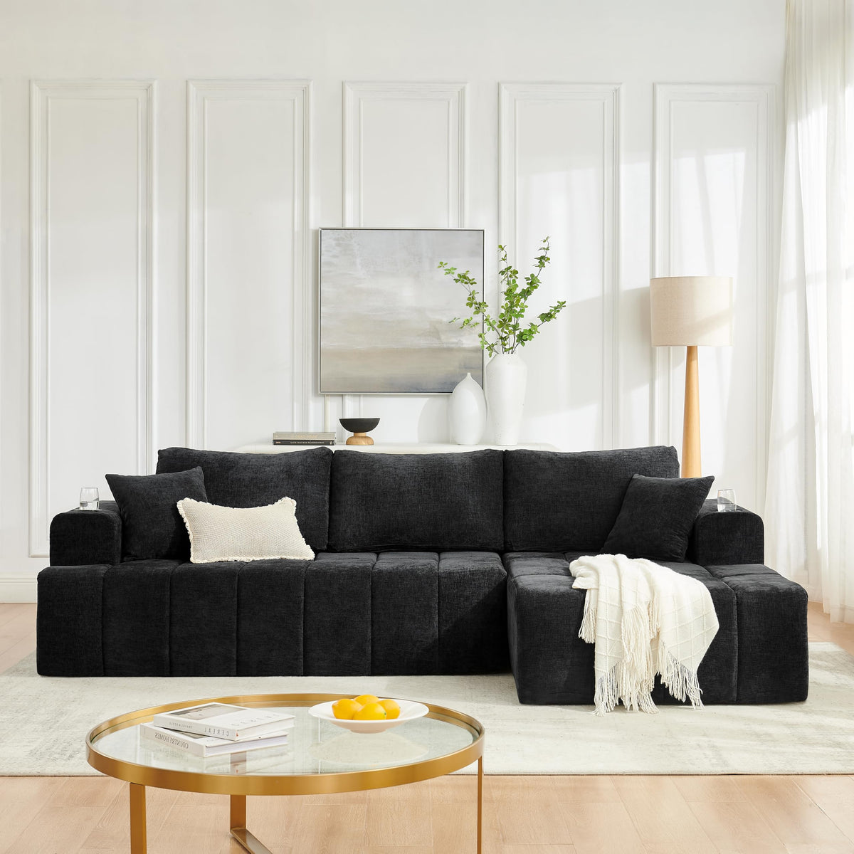 108" Oversized Cloud Boneless Sofa Couch with Chaise, Modern Tufted Chenille L Shaped Modular Sectional Sofa with Deep Seat, Comfy Corner Couch with Cupholders and Storage, No Assembly Required