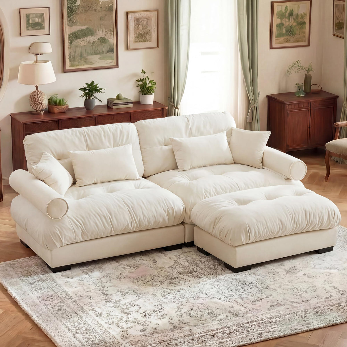 130" Cloud Couch, Oversized 3-Seater Couch with Ottomans and Pillows, Deep Seat L Shaped Sofa, Comfy Velvet Fluffy Sofas Modular Sectional Couches for Living Room (Blue, 3 Seat + 1 Ottoman)