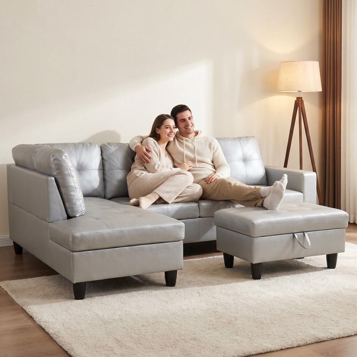 103.5" Sectional Couch with Movable Ottoman, L Shaped 4 Seater PU Faux Leather Sofa w/Chaise Lounge, Comfy Modern Modular Couch for Living Room, Apartment, White Stripes, Right, 3PCS