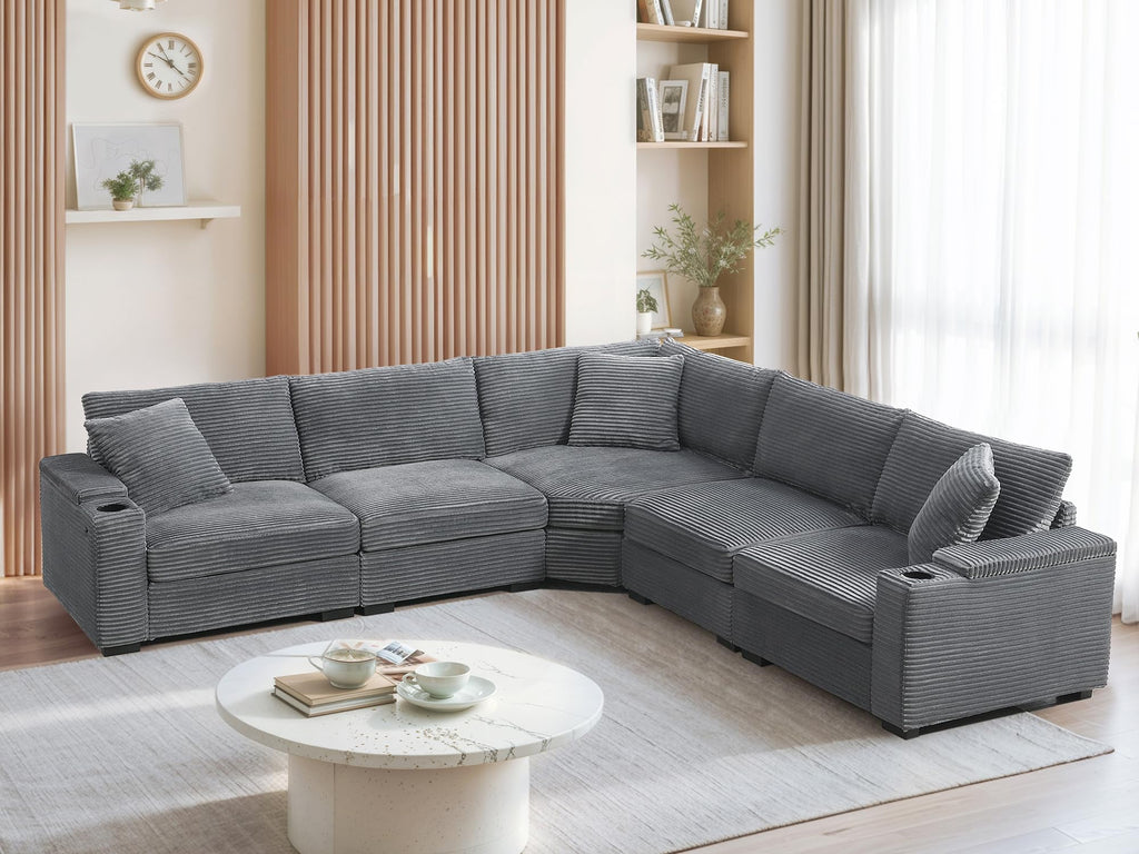 104" Convertible L-Shaped Sectional Sofa, Corduroy Corner Couch with Armrest Storage, Cup Holders, USB Charger, Irregular Corner, Oversized Comfy Modular Sofa for Living Room&Apartment，Beige