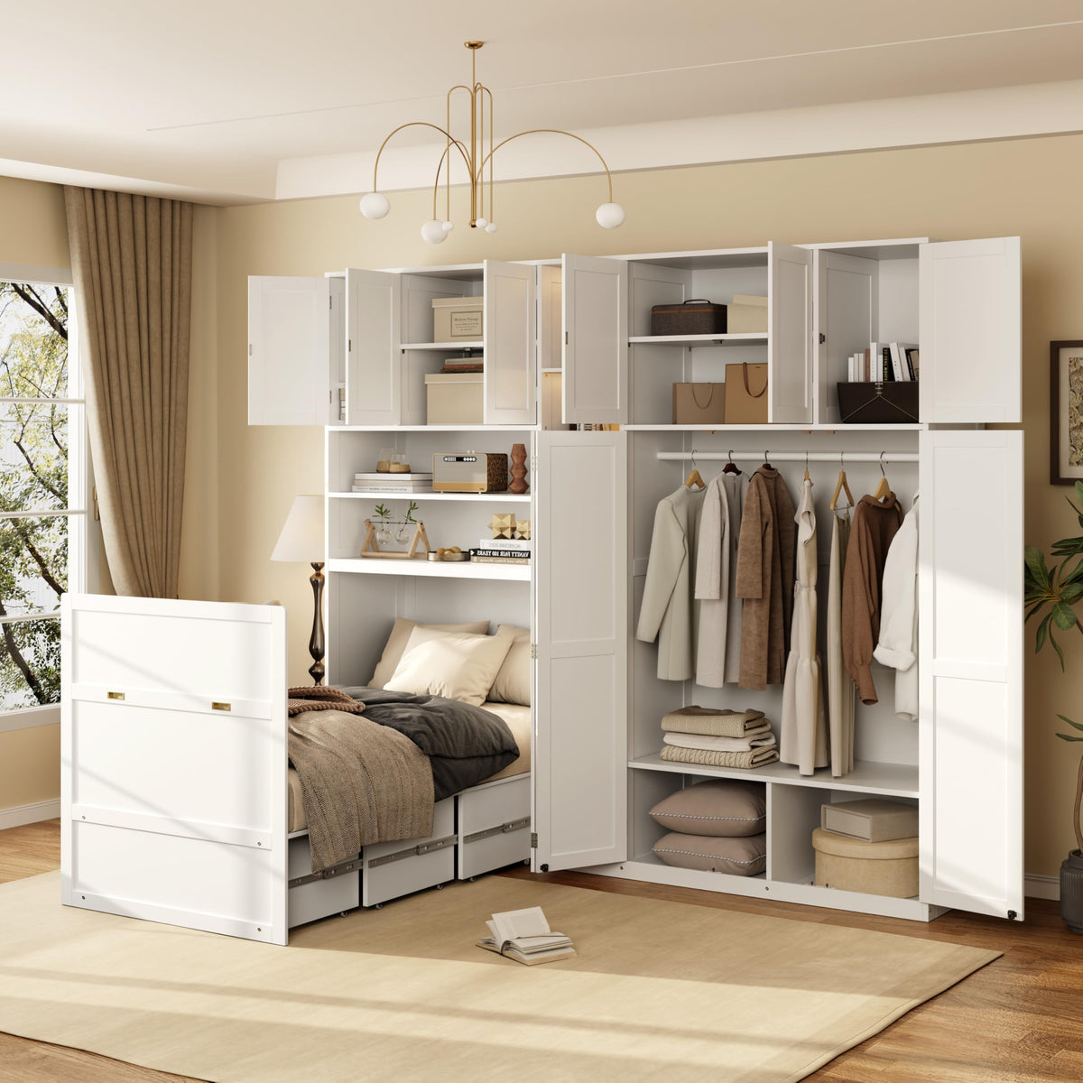 Wood Murphy Bed with Sofa, 4 Storage Shelves and USB Charging Station
