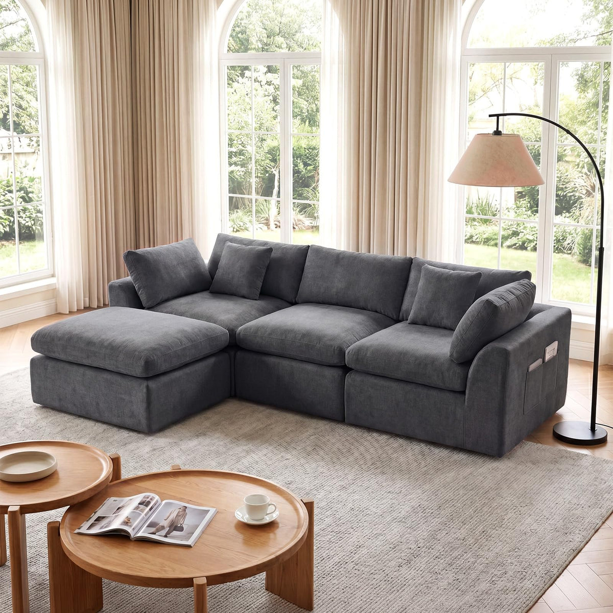 111" Boneless Sectional Couches for Living Room, 5 Seater Deep Seated U Shaped Cloud Couch with Ottomans, Chenille Compressed Modular Cloud Sofa Couch in a Box, No Assembly Required, Grey