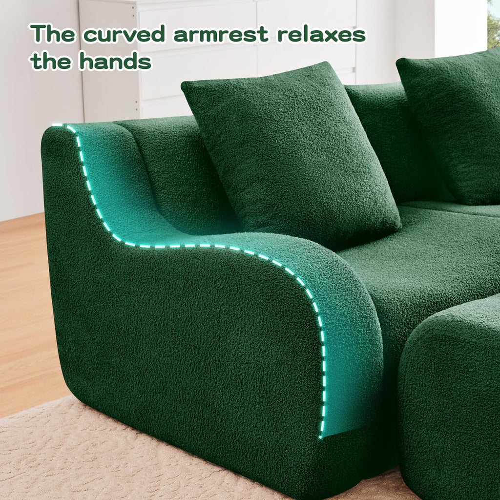U-Shaped Teddy Fabric Sofa Green Modular Sectional Living Room Reading Nook Cozy Comfort
