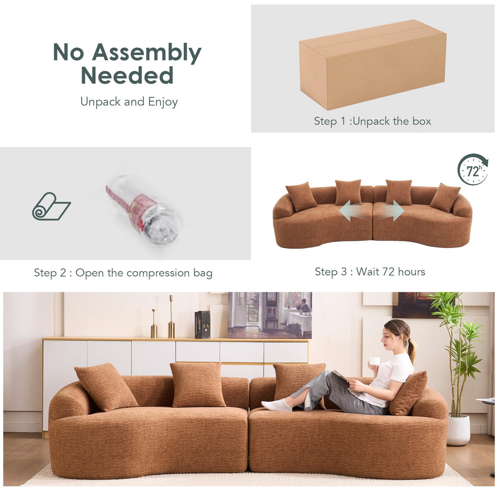 110.2" Boneless Curved Modular Sofa, Modern S-Shaped Chenille Upholstered Couch with 4 Pillows, Spring & Foam Support Soft Packed Sofa for Small Space Living Room, Home Decor (Caramel, 4)