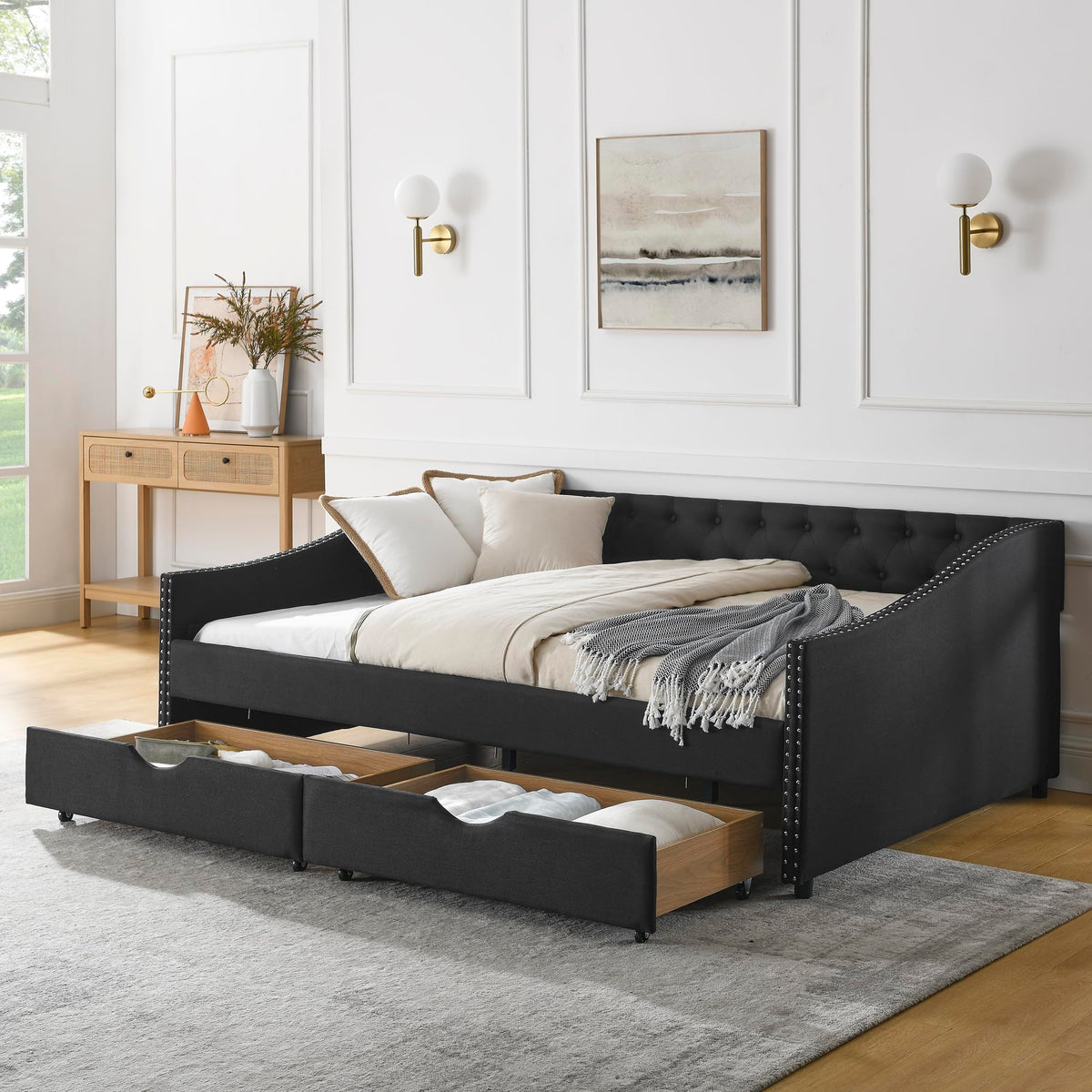 Versatile Daybed with Pull-Out Trundle, Textured Fabric Upholstery