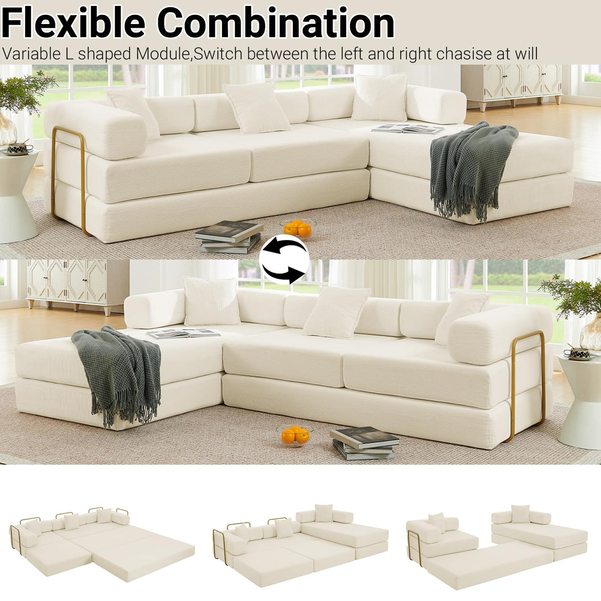108" Convertible Folding Sofa Bed, L Shaped Modular Sectional Couchs with Fixed-Shape Frame, Corduroy Boneless Couch Bed, Cloud Mattress Sofa Sleeper Couch for Living Room (Beige, 108" W)