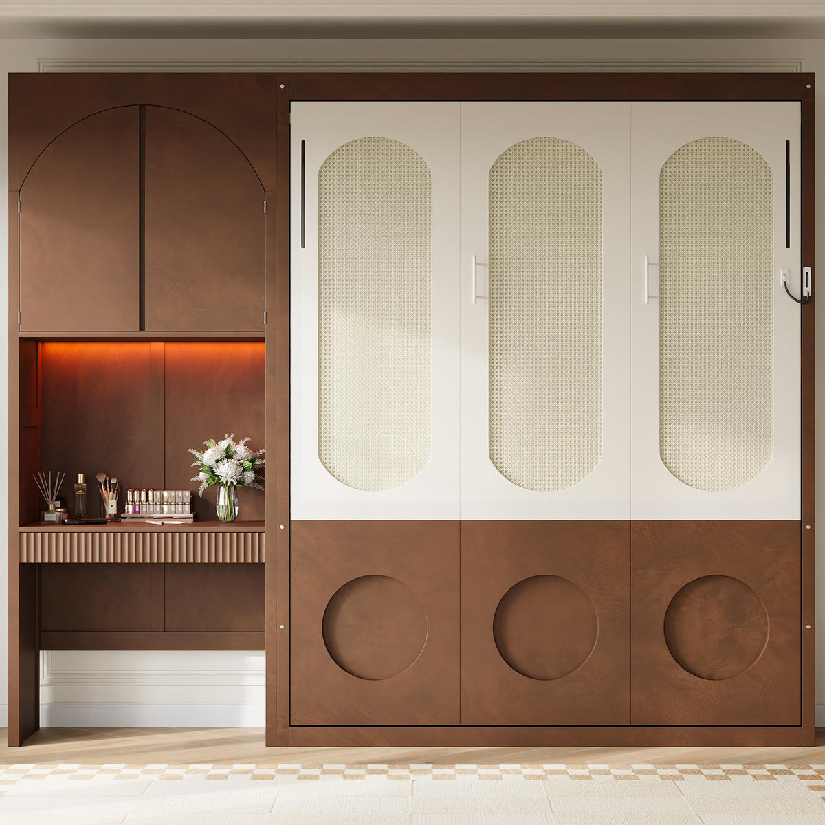 Wood Murphy Bed with Sofa, 4 Storage Shelves and USB Charging Station