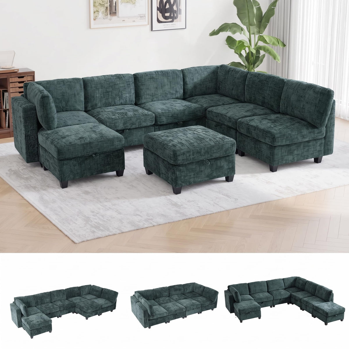 125" Modular Sectional Sofa with Storage, 8-Seat U-Shaped Couch, Green