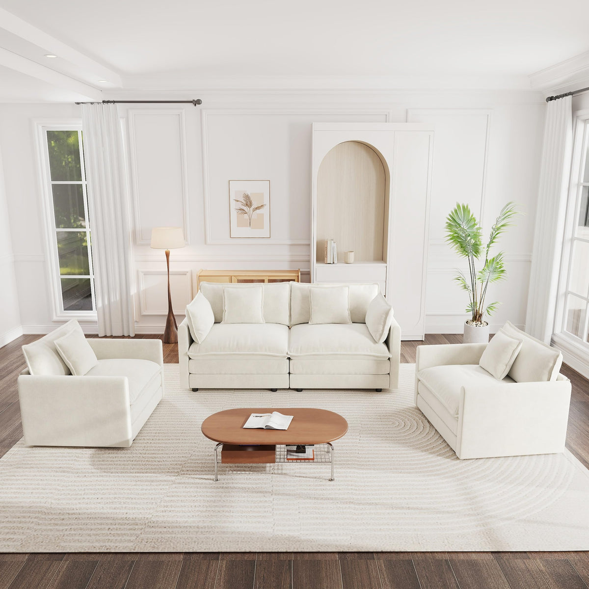 White Modular Sectional Sofa 3-Piece Set, Modern Deep Seat Chenille Couch, Loveseat, Single Sofa, Oversized Modular Couch for Living Room