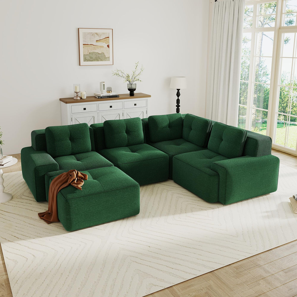 115.3” Camel Boneless Couches for Living Room, Modular Sectional Sofa with L-Shape Chaise, 3 Seater Comfy Upholstered Deep Seat Corduroy Fabric Cloud Couch No Assembly, Anti-Slip Design