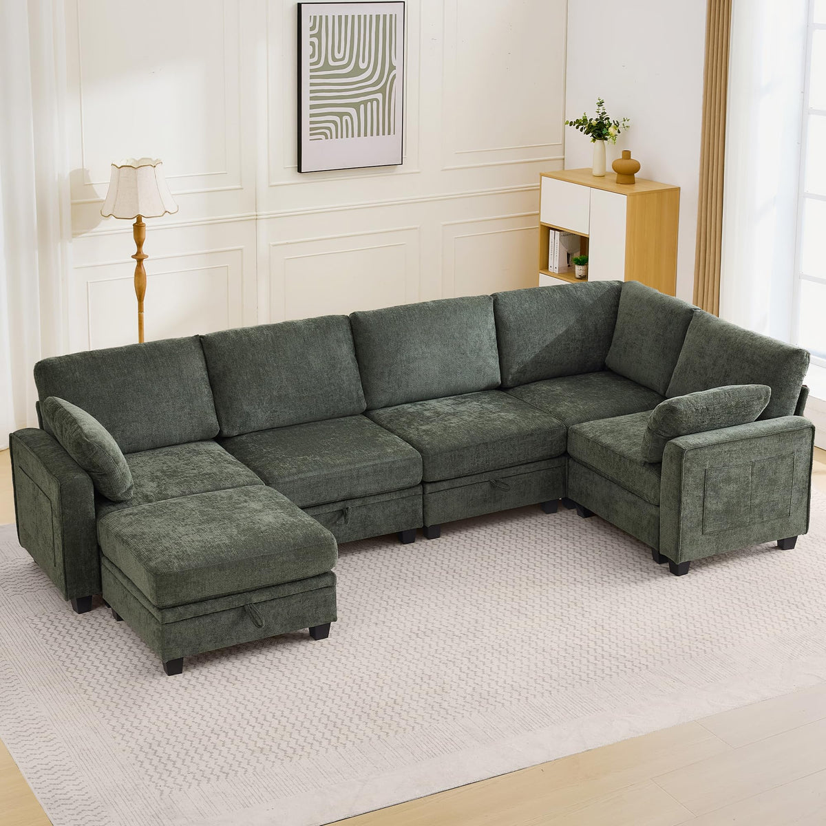 131.2" Storage Modular Sectional Sofa, Chenille Cloud Couch with Storage Ottoman, Deep Seat Sectional Couch with Removable Covers, Side Pocket, Armrest Pillow for Living Room, Green