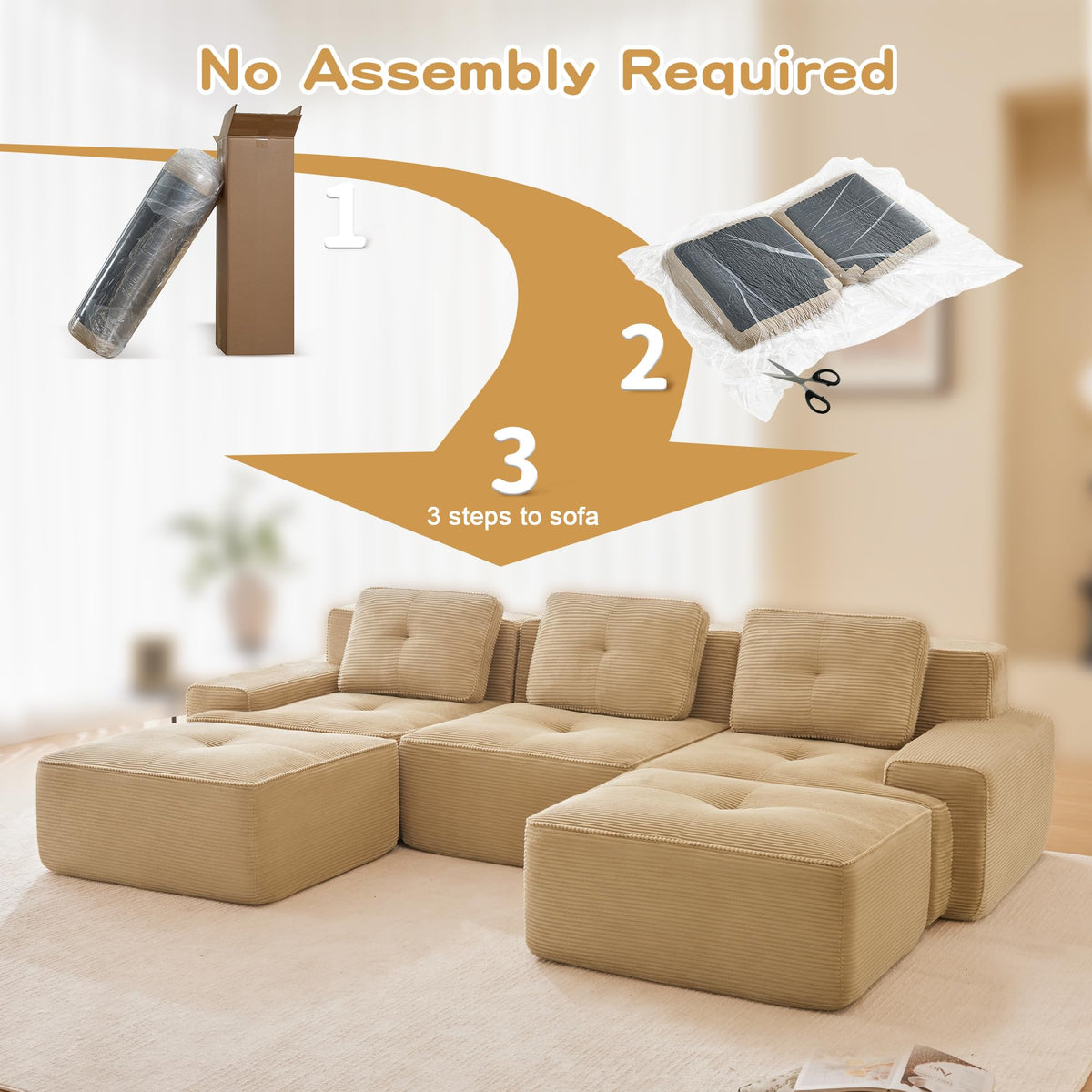 Tidyard 11? Modern U-Shaped Modular Sectional Sofa for Living Room, Corduroy Fabric 3-Seater with Movable Ottoman, Deep Seat, Tufted Design, No Assembly, Anti-Slip Base, Camel