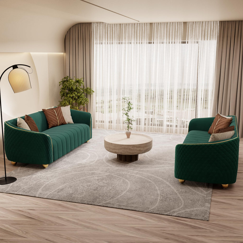 1-Piece Luxury Velvet Sofa Set for Living Room, Elegant Design Couch Set with Curved Armrests and Gold Edge Trim, Tufted Upholstered Couch with Gold Metal Legs (Green, 3 Seater)