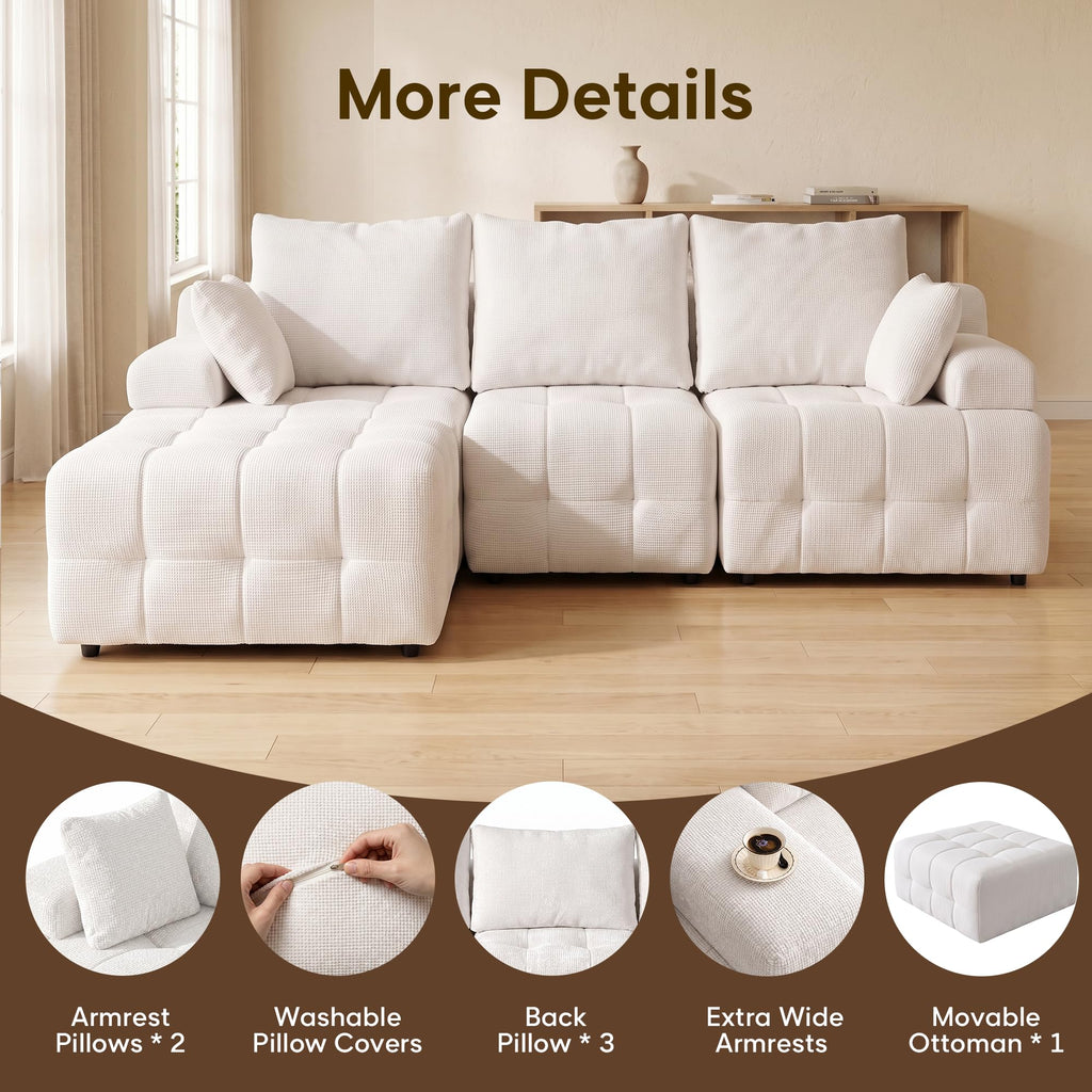 110" Cloud Sectional Couches for Living Room,Modern Convertible L-Shape Couch with Ottoman 3 Seater Chenille Fabric Comfy Cloud Couches with Movable Ottoman(Beige)
