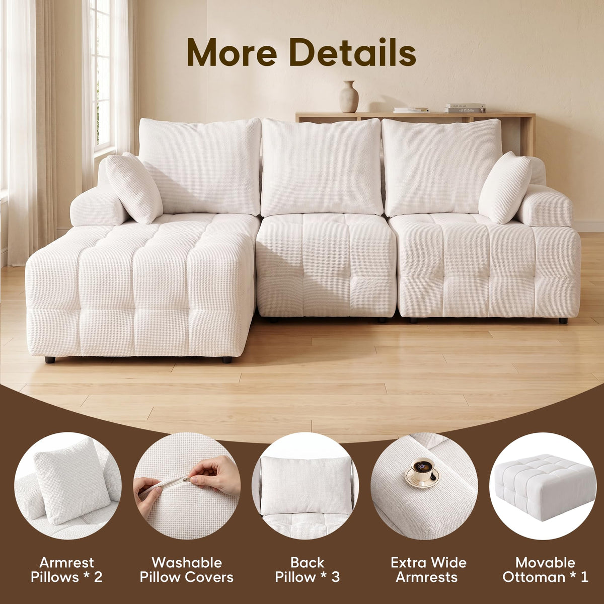 110" Cloud Sectional Couches for Living Room,Modern Convertible L-Shape Couch with Ottoman 3 Seater Chenille Fabric Comfy Cloud Couches with Movable Ottoman(Beige)