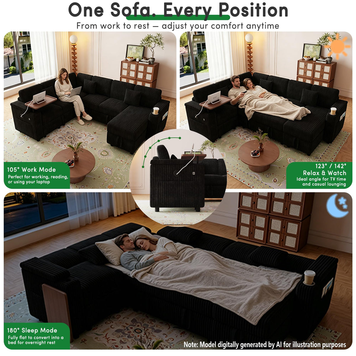 100'' Modular Sectional Sleeper Sofa, Reclining Corduroy Couch, Green