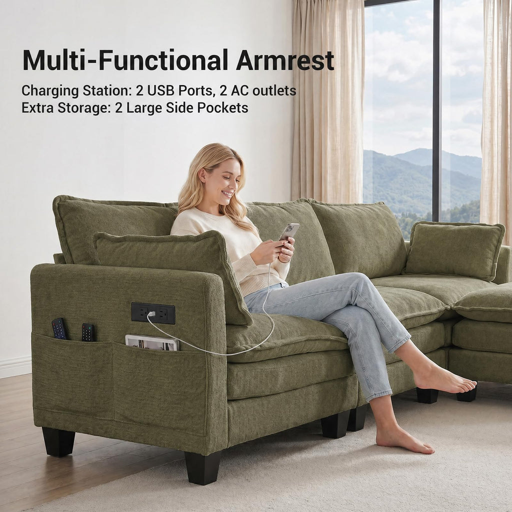 108" Modular Sectional Sofa Cloud Couch - U Shape Sofa with Charging Station Side Storage - Chenille Comfy Couches with Ottoman Movable for Living Room Bedroom Apartment Office, Green